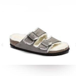 Birkenstock Arizona Shearling Suede Leather, Size 37 (W6) | Stone Coin